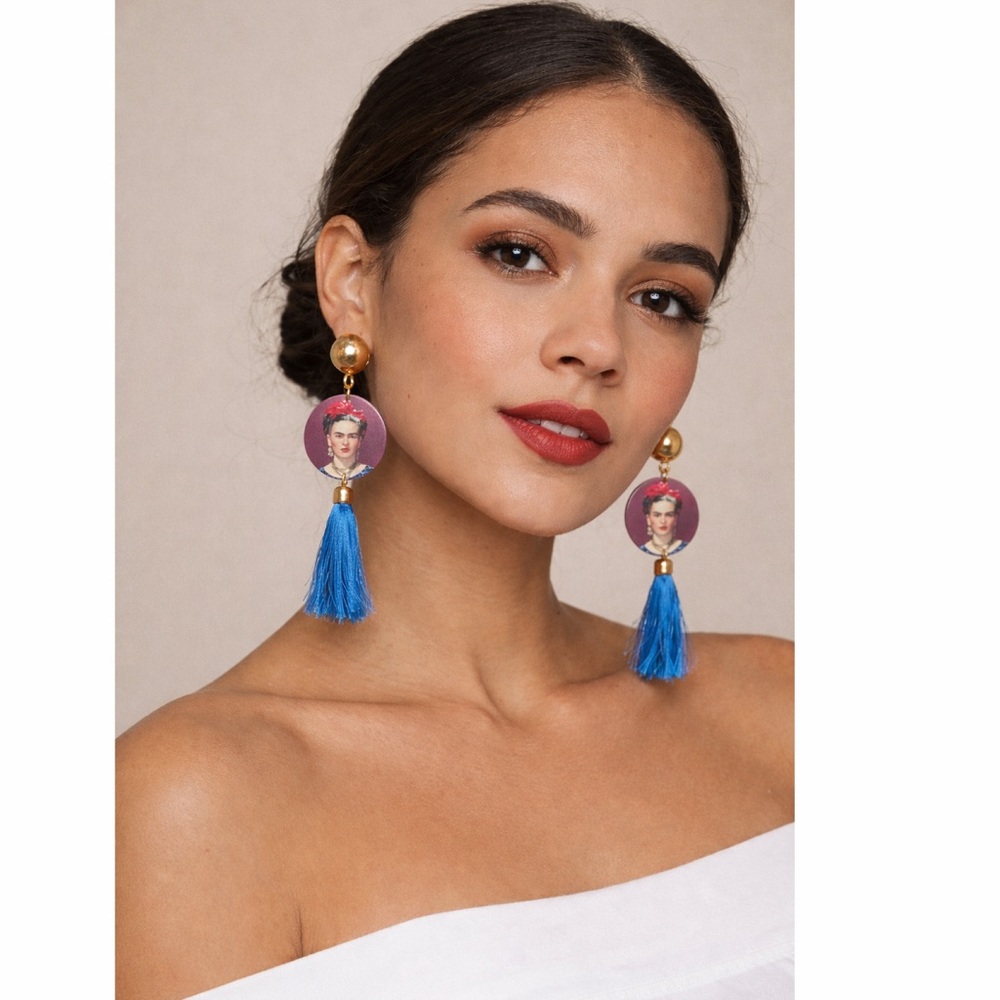 Frida Kahlo‎ Tassel Earrings Blue Gold Statement Art Inspired Boho